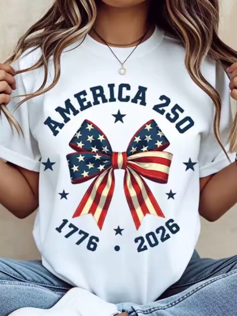 America 250 Anniversary Women 100% Cotton T-shirt XXL White Bow Tie Flag July 4